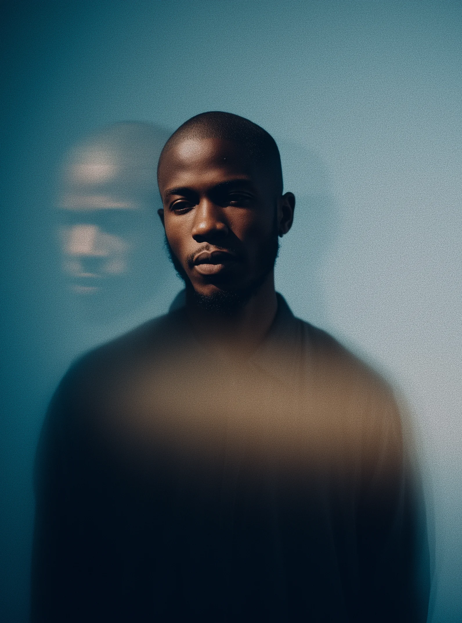 Portrait of a contemplative man with short hair and a beard, with a blurred double reflection behind him against a blue background.